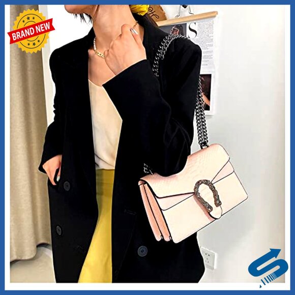 Faux Leather Crossbody Bag with Chain Strap, Square Satchel Purse for Women - Picture 3 of 7